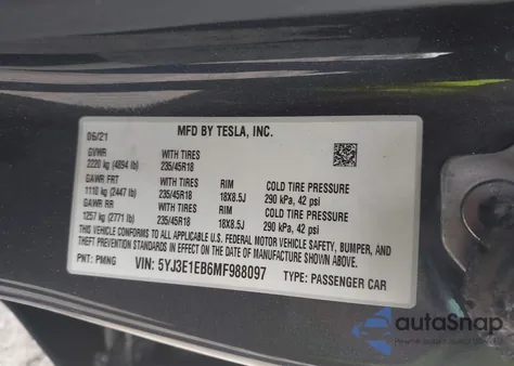 2021 Tesla Model 3 Long Range Dual Motor All-Wheel Drive из США, поврежденный, VIN 5YJ3E1EB6MF988097